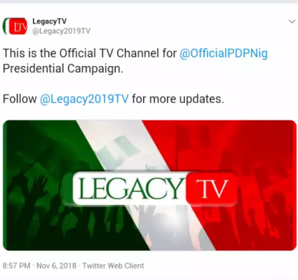 PDP Launches Legacy TV Ahead Of 2019 Elections